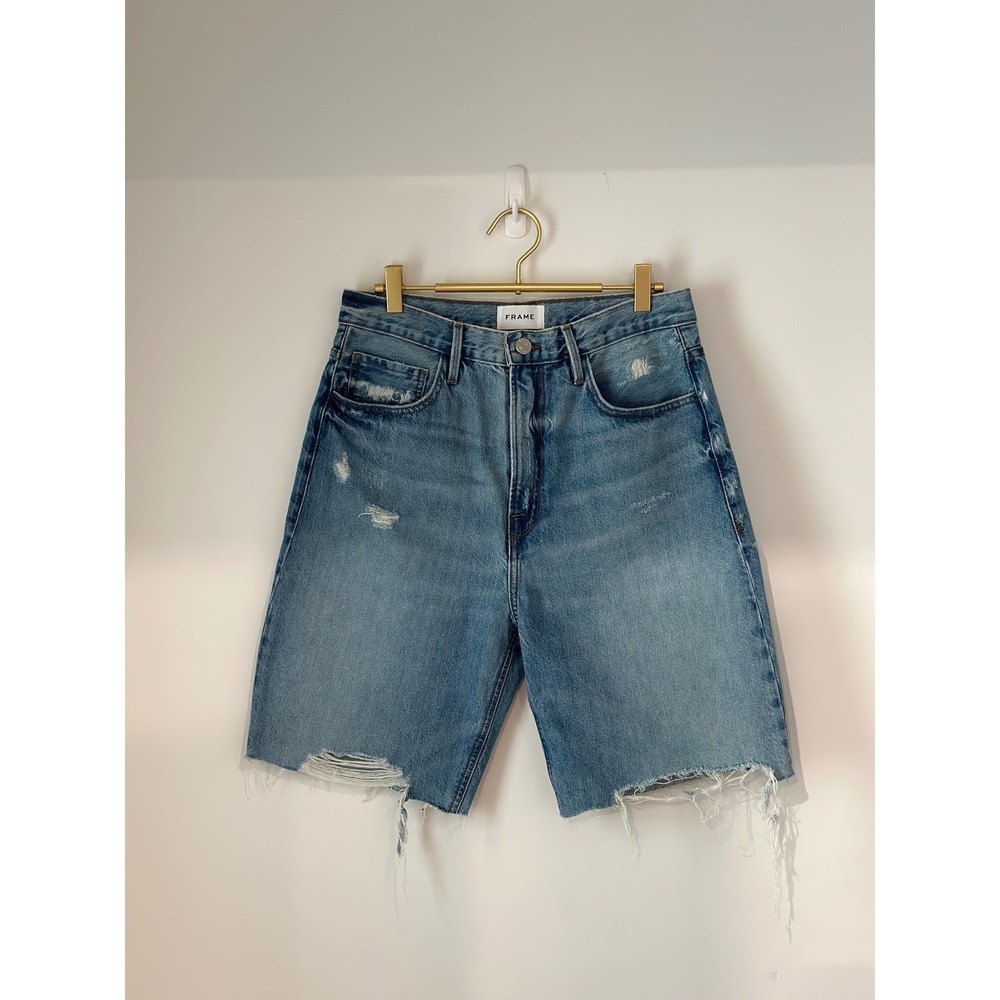 FRAME Le Baines Rips High Rise Distressed Denim Shorts Blue Size 28 HRBRF727